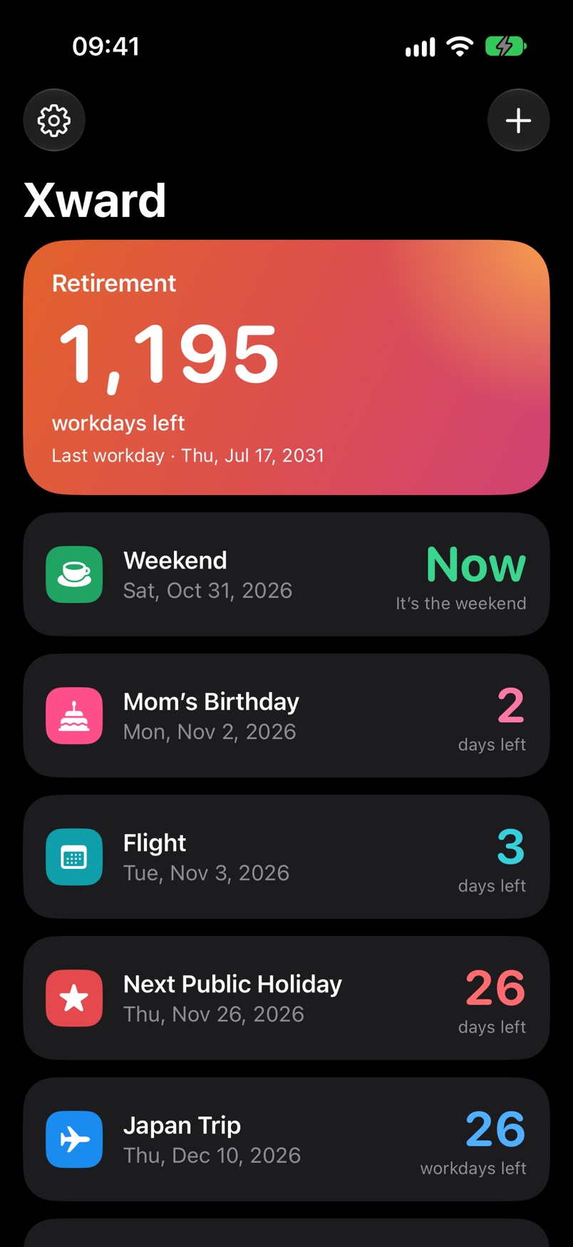 The Xward home screen in dark mode, with bright colored numbers on black.